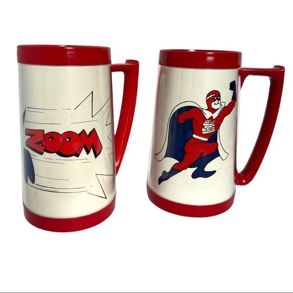 Set of TWO Bud Man Vintage Beer Mugs Superhero Thermos and Eagle Red and White - Picture 4 of 15